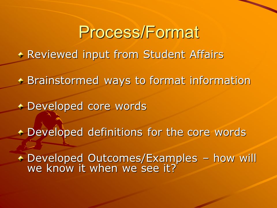 Process/Format Reviewed input from Student Affairs Brainstormed ways to format information Developed core words Developed definitions for the core words Developed Outcomes/Examples – how will we know it when we see it