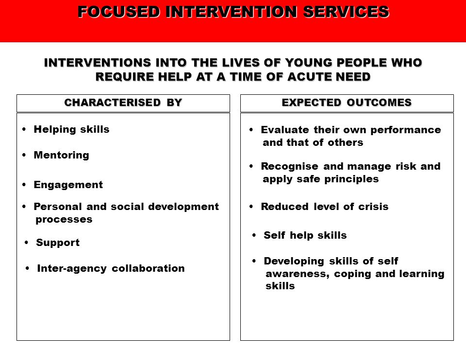 FOCUSED INTERVENTION SERVICES INTERVENTIONS INTO THE LIVES OF YOUNG PEOPLE WHO REQUIRE HELP AT A TIME OF ACUTE NEED CHARACTERISED BY EXPECTED OUTCOMES Personal and social development processes Helping skills Mentoring Engagement Support Inter-agency collaboration Reduced level of crisis Recognise and manage risk and apply safe principles Evaluate their own performance and that of others Self help skills Developing skills of self awareness, coping and learning skills