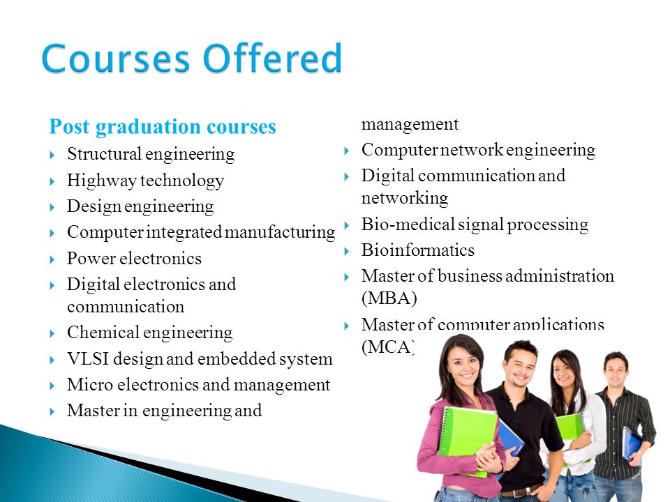 Post graduation courses  Structural engineering  Highway technology  Design engineering  Computer integrated manufacturing  Power electronics  Digital electronics and communication  Chemical engineering  VLSI design and embedded system  Micro electronics and management  Master in engineering and management  Computer network engineering  Digital communication and networking  Bio-medical signal processing  Bioinformatics  Master of business administration (MBA)  Master of computer applications (MCA)