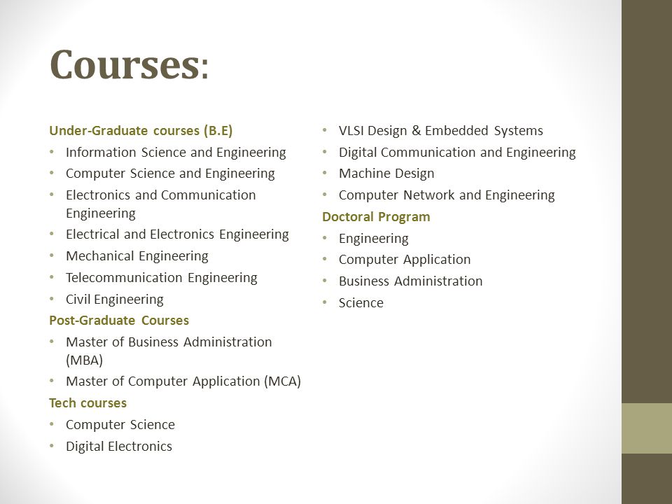 Courses: Under-Graduate courses (B.E) Information Science and Engineering Computer Science and Engineering Electronics and Communication Engineering Electrical and Electronics Engineering Mechanical Engineering Telecommunication Engineering Civil Engineering Post-Graduate Courses Master of Business Administration (MBA) Master of Computer Application (MCA) Tech courses Computer Science Digital Electronics VLSI Design & Embedded Systems Digital Communication and Engineering Machine Design Computer Network and Engineering Doctoral Program Engineering Computer Application Business Administration Science
