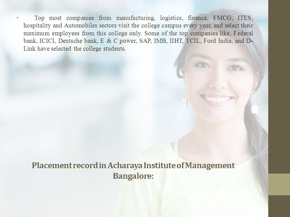 Placement record in Acharaya Institute of Management Bangalore: Top most companies from manufacturing, logistics, finance, FMCG, ITES, hospitality and Automobiles sectors visit the college campus every year, and select their maximum employees from this college only.