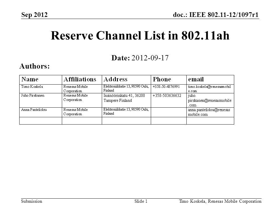 doc.: IEEE /1097r1 Submission Sep 2012 Timo Koskela, Renesas Mobile CorporationSlide 1 Reserve Channel List in ah Date: Authors: