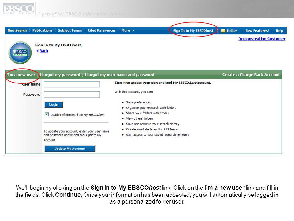 Well begin by clicking on the Sign In to My EBSCOhost link.