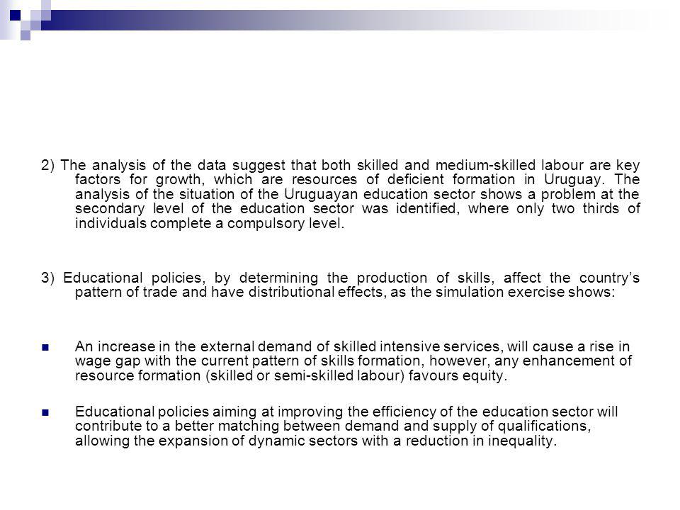 2) The analysis of the data suggest that both skilled and medium-skilled labour are key factors for growth, which are resources of deficient formation in Uruguay.
