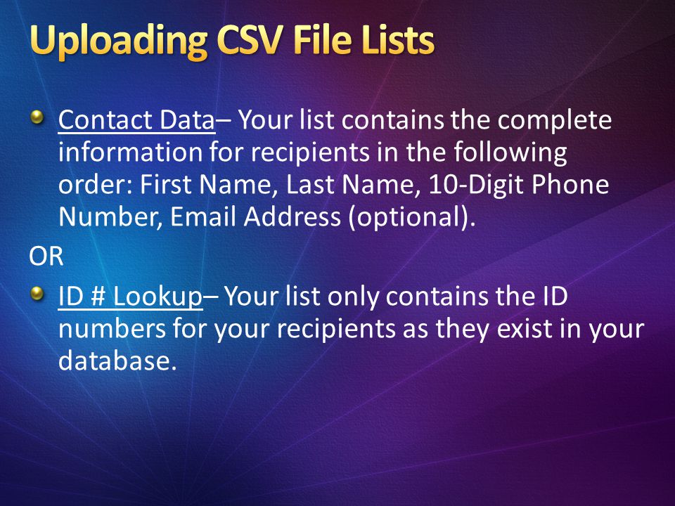 Contact Data– Your list contains the complete information for recipients in the following order: First Name, Last Name, 10-Digit Phone Number,  Address (optional).