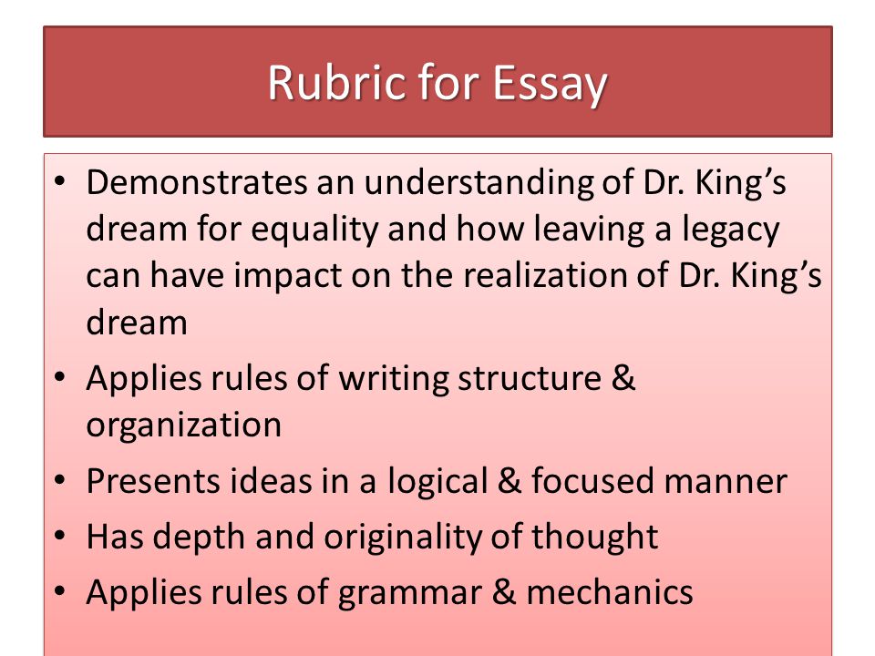 Rubric for Essay Demonstrates an understanding of Dr.