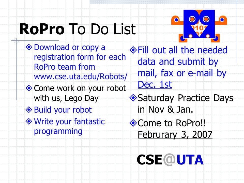 RoPro Overview Important Dates and Contacts Robot Programming