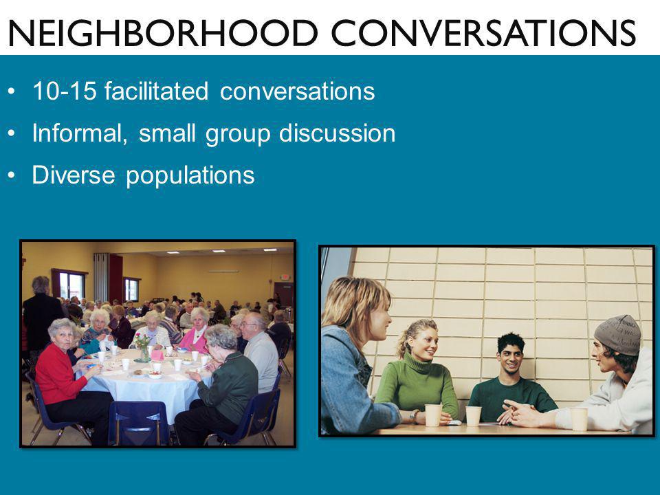 NEIGHBORHOOD CONVERSATIONS facilitated conversations Informal, small group discussion Diverse populations