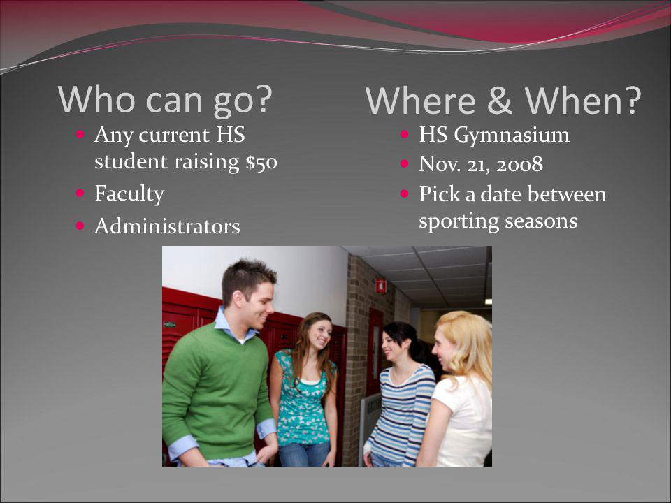 Who can go. Any current HS student raising $50 Faculty Administrators Where & When.