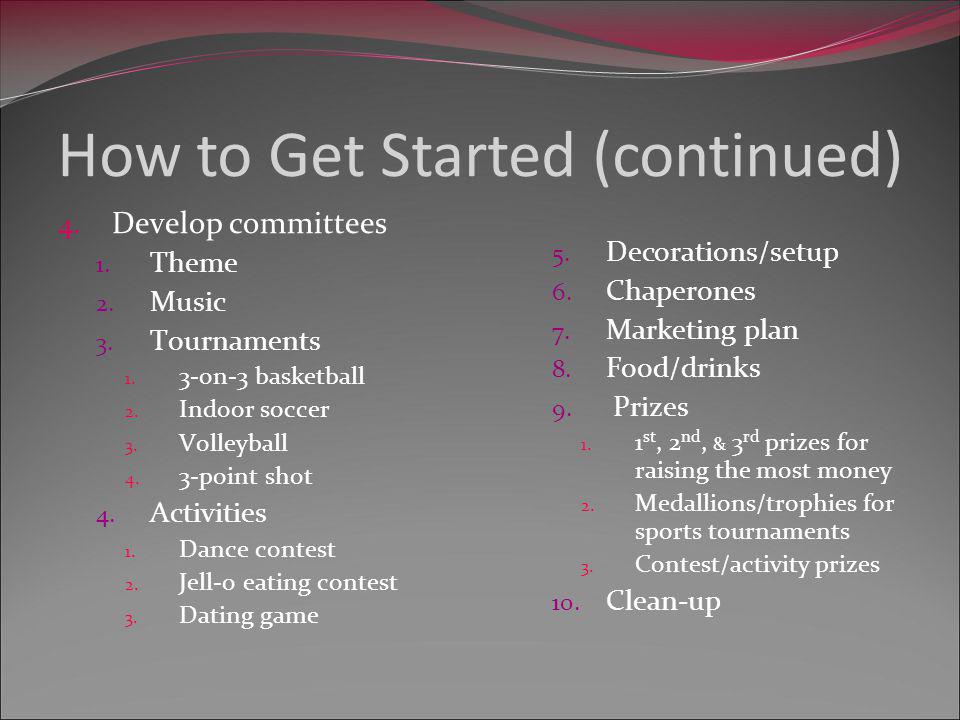 4. Develop committees 1. Theme 2. Music 3. Tournaments 1.