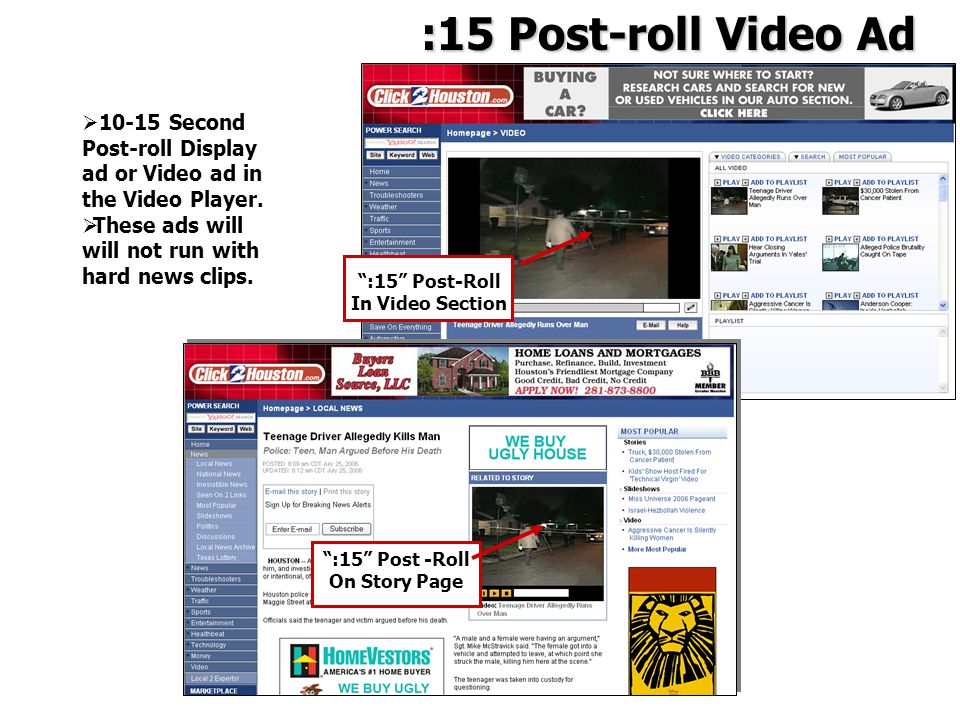 :15 Post-roll Video Ad Second Post-roll Display ad or Video ad in the Video Player.