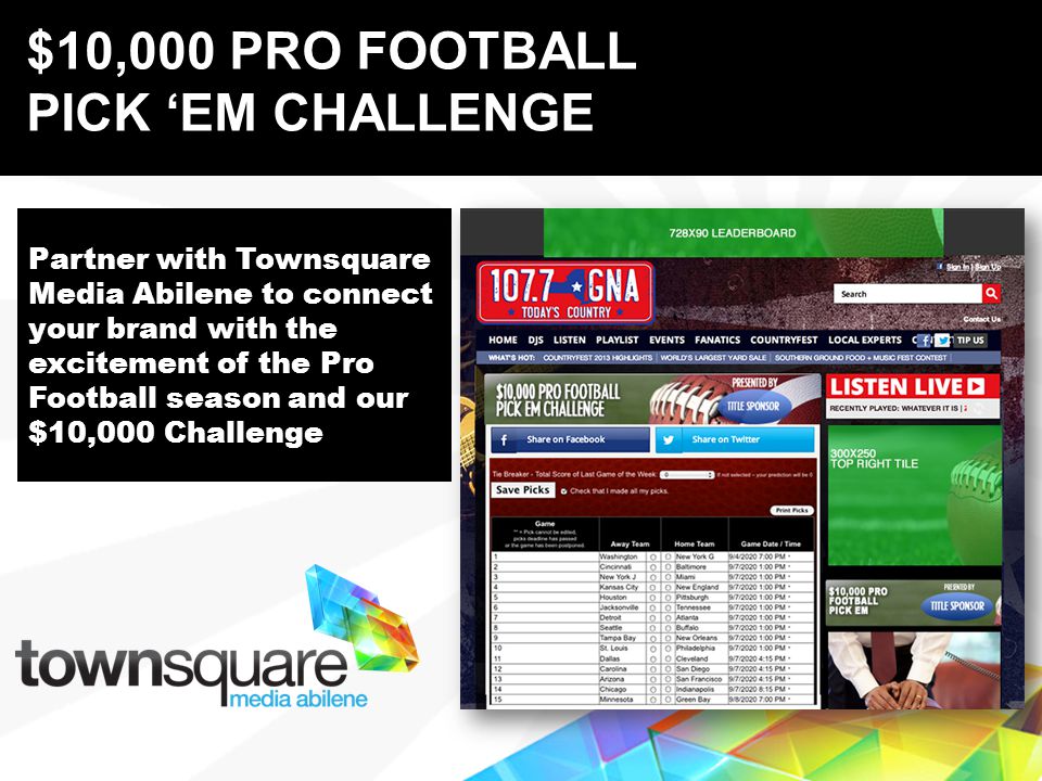 Partner with Townsquare Media Abilene to connect your brand with the excitement of the Pro Football season and our $10,000 Challenge Proprietary & Confidential $10,000 PRO FOOTBALL PICK EM CHALLENGE