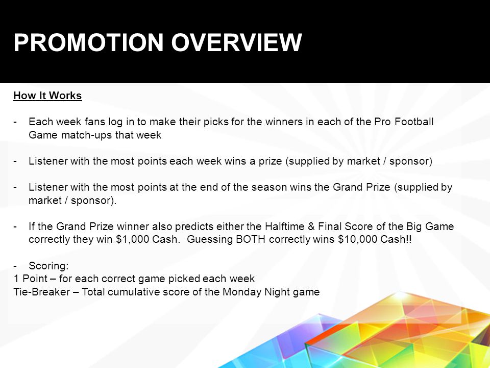 Proprietary & Confidential PROMOTION OVERVIEW How It Works -Each week fans log in to make their picks for the winners in each of the Pro Football Game match-ups that week -Listener with the most points each week wins a prize (supplied by market / sponsor) -Listener with the most points at the end of the season wins the Grand Prize (supplied by market / sponsor).