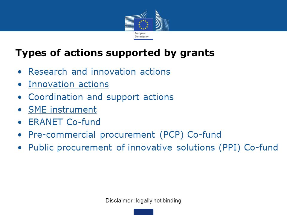 Types of actions supported by grants Research and innovation actions Innovation actions Coordination and support actions SME instrument ERANET Co-fund Pre-commercial procurement (PCP) Co-fund Public procurement of innovative solutions (PPI) Co-fund Disclaimer : legally not binding