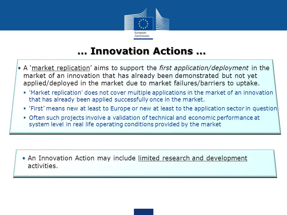 … Innovation Actions … A market replication aims to support the first application/deployment in the market of an innovation that has already been demonstrated but not yet applied/deployed in the market due to market failures/barriers to uptake.