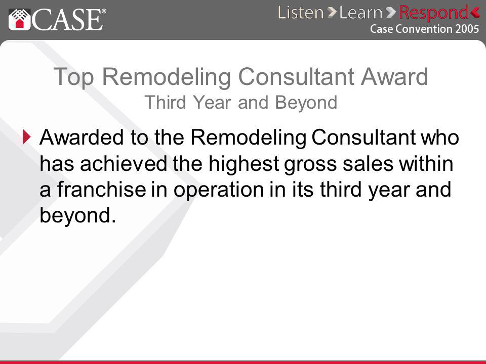 Top Remodeling Consultant Award Third Year and Beyond Awarded to the Remodeling Consultant who has achieved the highest gross sales within a franchise in operation in its third year and beyond.