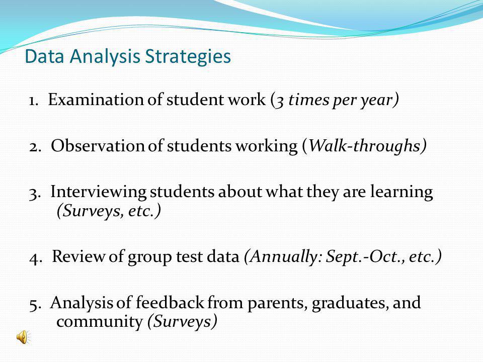 Data Analysis Strategies 1. Examination of student work (3 times per year) 2.