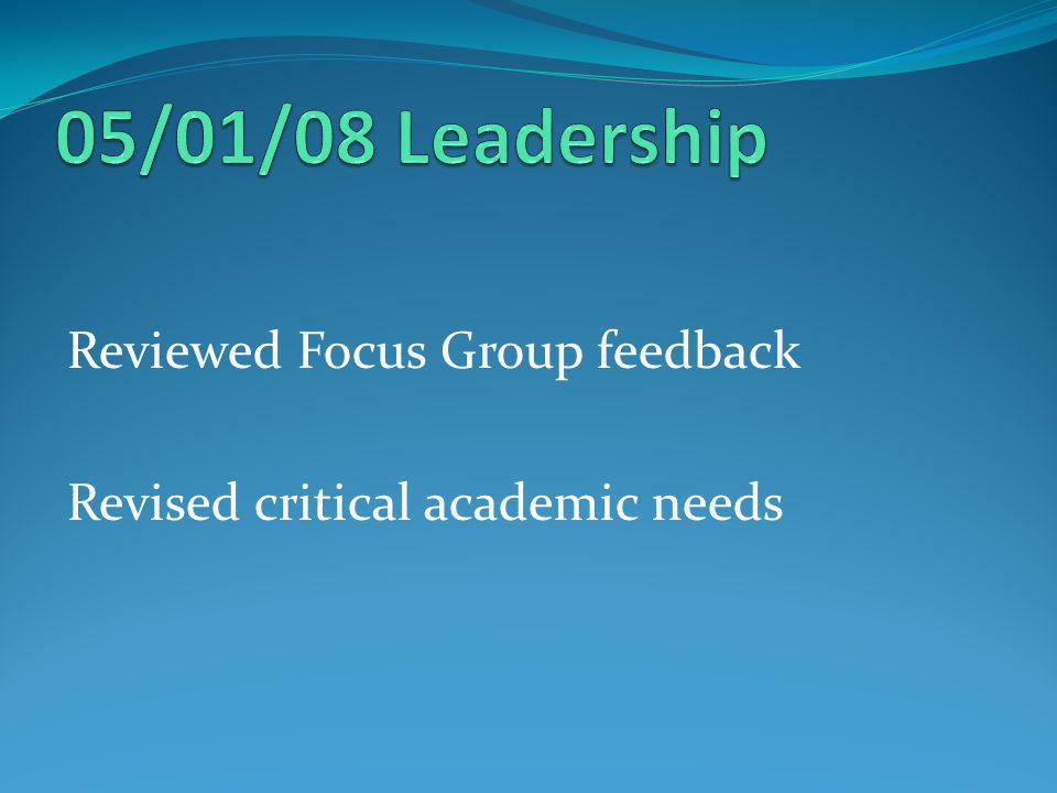 Reviewed Focus Group feedback Revised critical academic needs