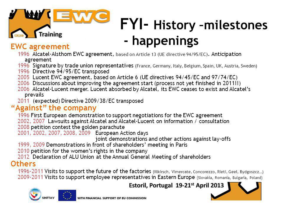 FYI- History –milestones - happenings EWC agreement 1996 Alcatel-Alsthom EWC agreement, based on Article 13 (UE directive 94/95/EC).