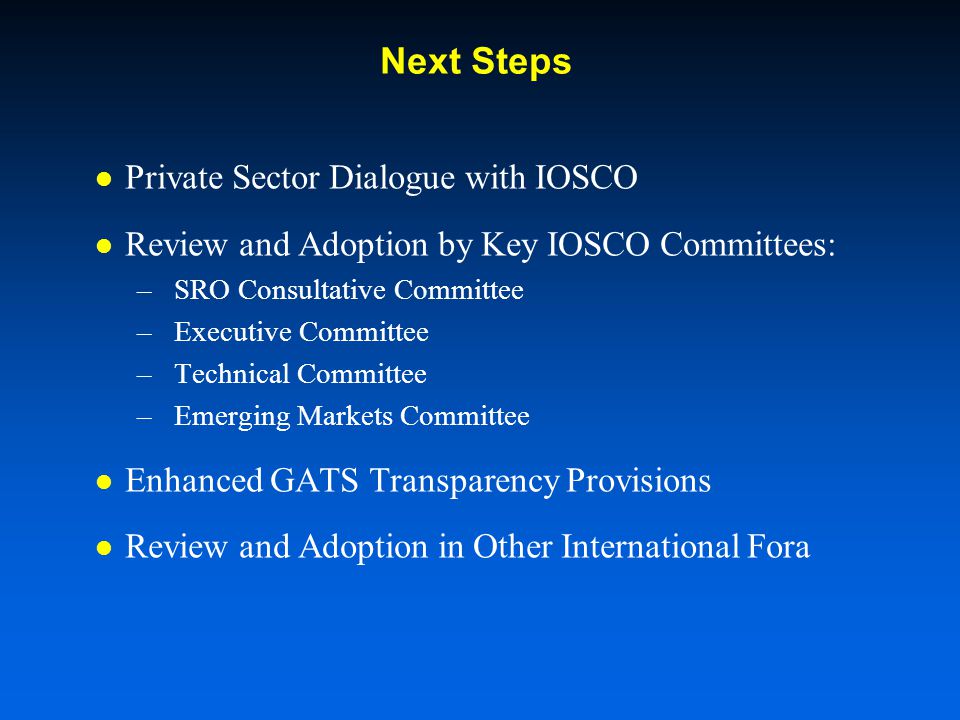 Next Steps Private Sector Dialogue with IOSCO Review and Adoption by Key IOSCO Committees: –SRO Consultative Committee –Executive Committee –Technical Committee –Emerging Markets Committee Enhanced GATS Transparency Provisions Review and Adoption in Other International Fora