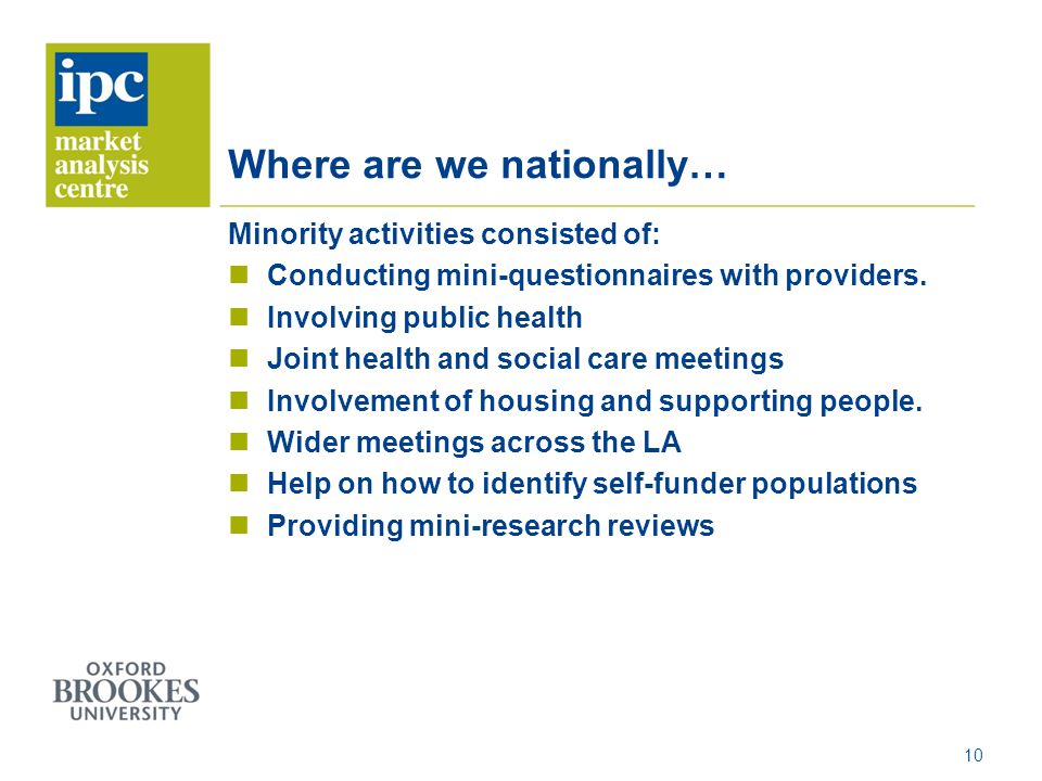 Where are we nationally… Minority activities consisted of: Conducting mini-questionnaires with providers.