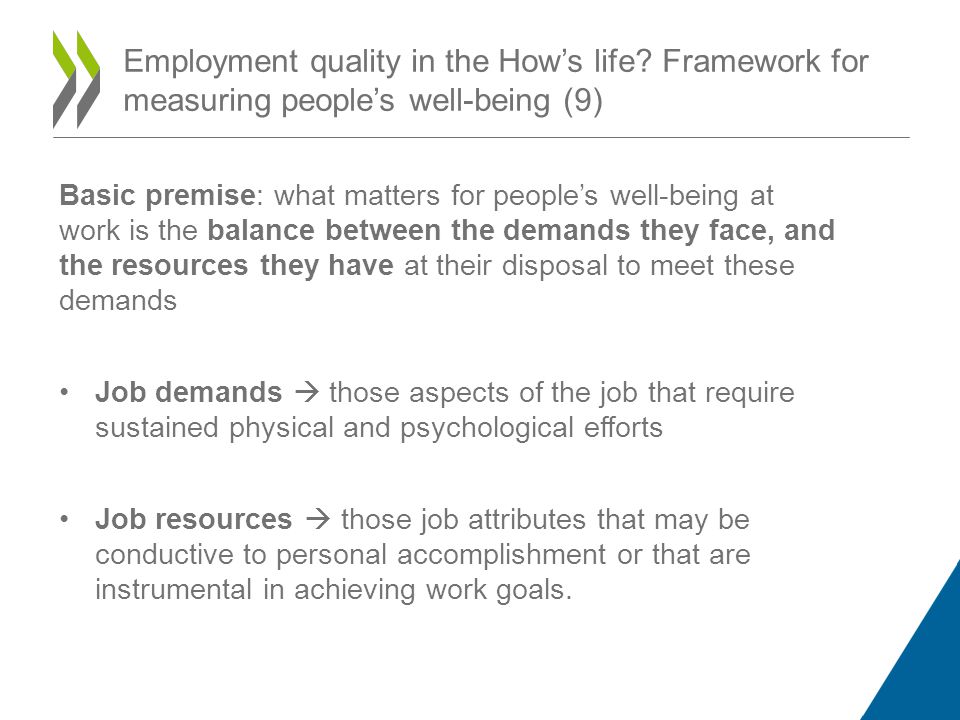 Basic premise: what matters for peoples well-being at work is the balance between the demands they face, and the resources they have at their disposal to meet these demands Job demands those aspects of the job that require sustained physical and psychological efforts Job resources those job attributes that may be conductive to personal accomplishment or that are instrumental in achieving work goals.