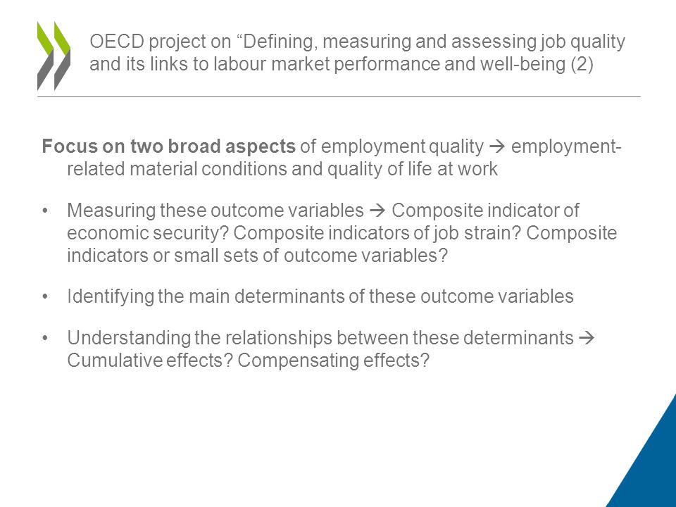 Focus on two broad aspects of employment quality employment- related material conditions and quality of life at work Measuring these outcome variables Composite indicator of economic security.
