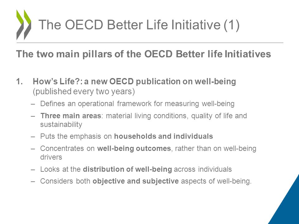The two main pillars of the OECD Better life Initiatives 1.Hows Life : a new OECD publication on well-being (published every two years) –Defines an operational framework for measuring well-being –Three main areas: material living conditions, quality of life and sustainability –Puts the emphasis on households and individuals –Concentrates on well-being outcomes, rather than on well-being drivers –Looks at the distribution of well-being across individuals –Considers both objective and subjective aspects of well-being.