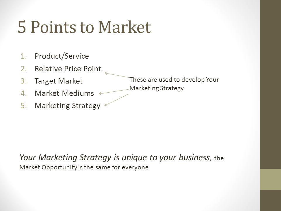 5 Points to Market 1.Product/Service 2.Relative Price Point 3.Target Market 4.Market Mediums 5.Marketing Strategy These are used to develop Your Marketing Strategy Your Marketing Strategy is unique to your business, the Market Opportunity is the same for everyone