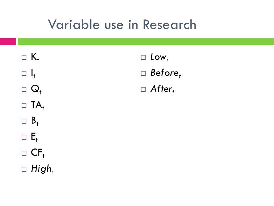 Variable use in Research K t I t Q t TA t B t E t CF t High i Low i Before t After t
