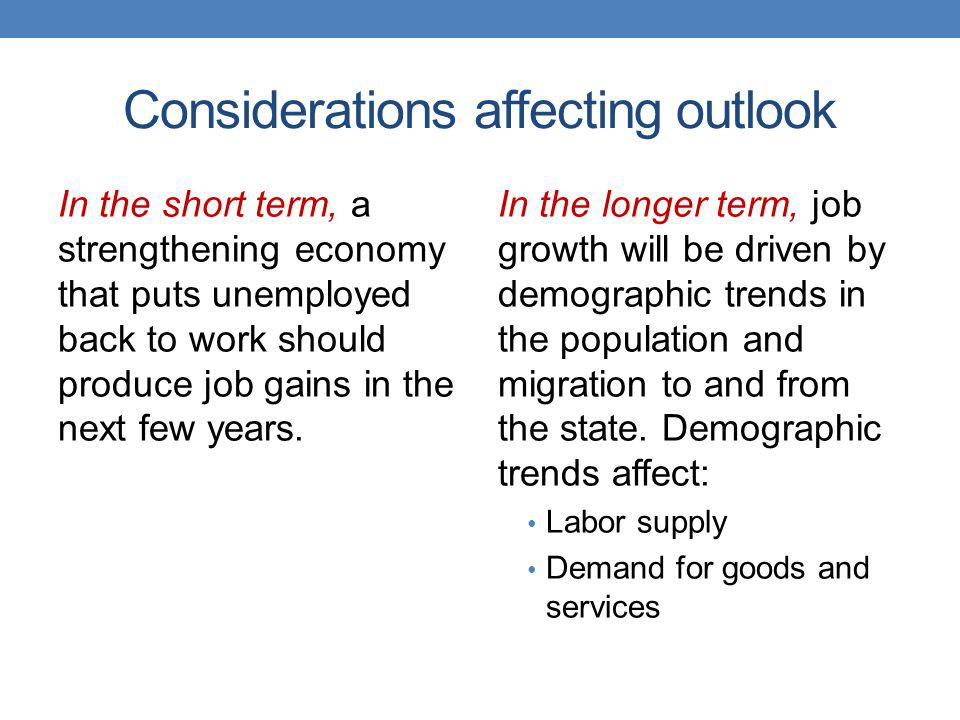 Considerations affecting outlook In the short term, a strengthening economy that puts unemployed back to work should produce job gains in the next few years.