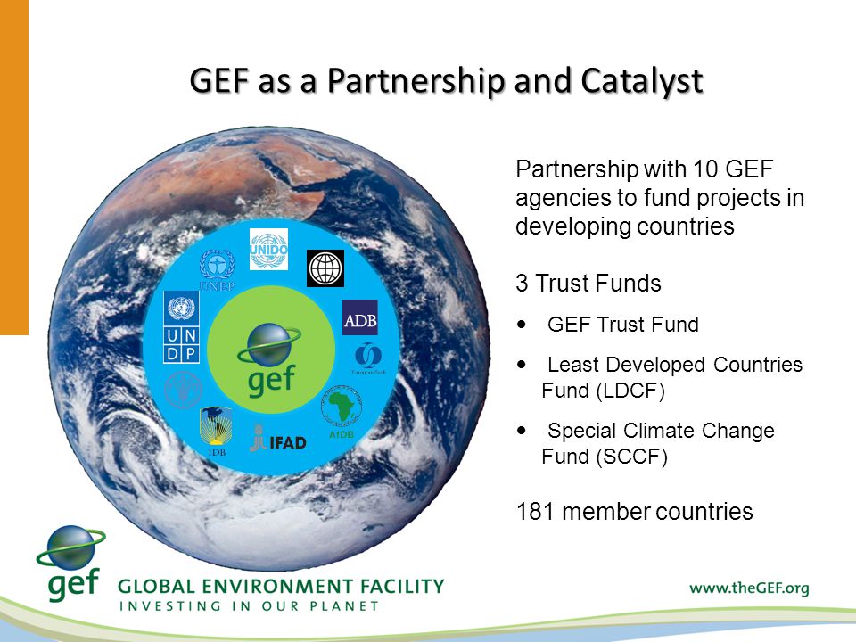 GEF as a Partnership and Catalyst Partnership with 10 GEF agencies to fund projects in developing countries 3 Trust Funds GEF Trust Fund Least Developed Countries Fund (LDCF) Special Climate Change Fund (SCCF) 181 member countries