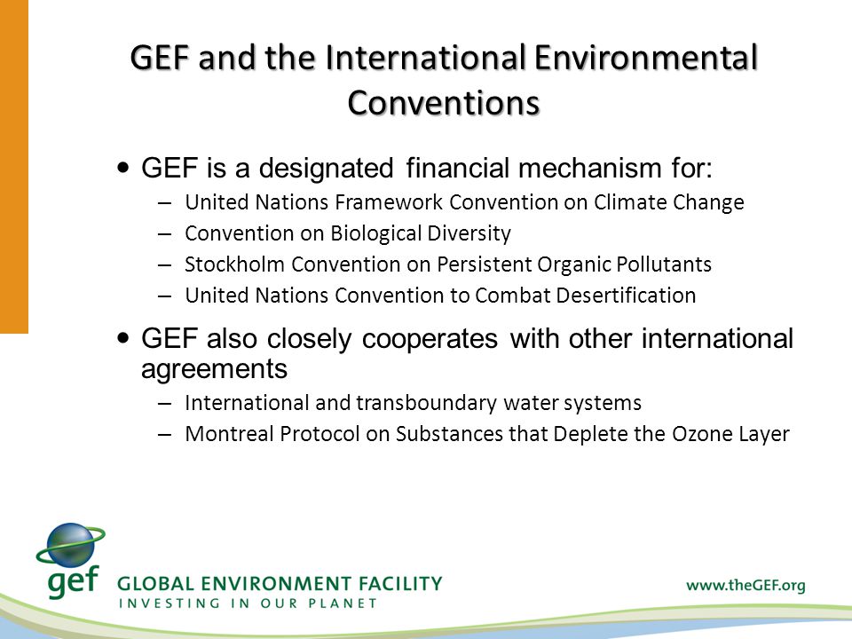 GEF and the International Environmental Conventions GEF is a designated financial mechanism for: – United Nations Framework Convention on Climate Change – Convention on Biological Diversity – Stockholm Convention on Persistent Organic Pollutants – United Nations Convention to Combat Desertification GEF also closely cooperates with other international agreements – International and transboundary water systems – Montreal Protocol on Substances that Deplete the Ozone Layer