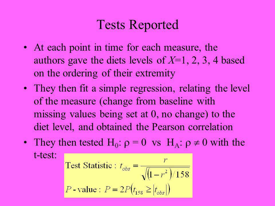 Tests Reported At each point in time for each measure, the authors gave the diets levels of X=1, 2, 3, 4 based on the ordering of their extremity They then fit a simple regression, relating the level of the measure (change from baseline with missing values being set at 0, no change) to the diet level, and obtained the Pearson correlation They then tested H 0 : = 0 vs H A : 0 with the t-test: