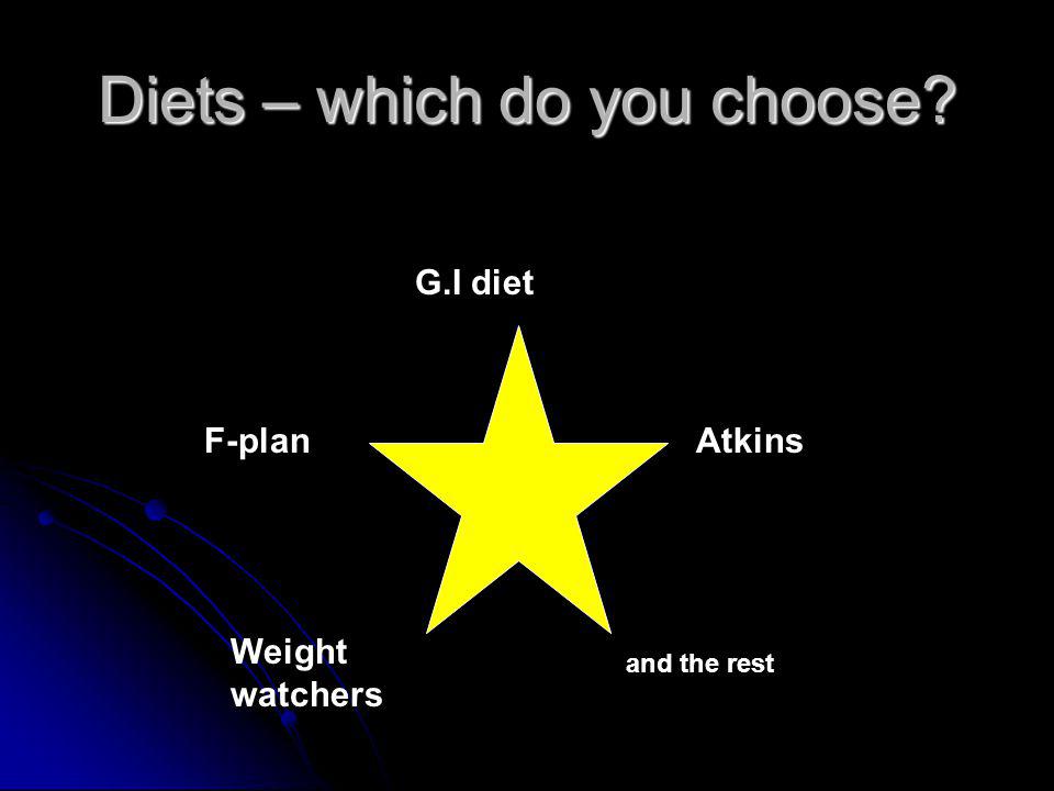 Diets – which do you choose Atkins G.I diet Weight watchers F-plan and the rest