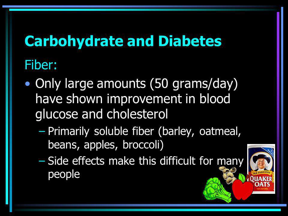 Carbohydrate and Diabetes Fiber: Only large amounts (50 grams/day) have shown improvement in blood glucose and cholesterol –Primarily soluble fiber (barley, oatmeal, beans, apples, broccoli) –Side effects make this difficult for many people