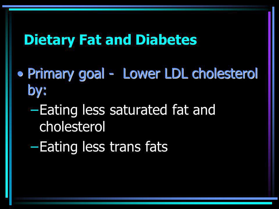 Dietary Fat and Diabetes Primary goal - Lower LDL cholesterol by:Primary goal - Lower LDL cholesterol by: –Eating less saturated fat and cholesterol –Eating less trans fats