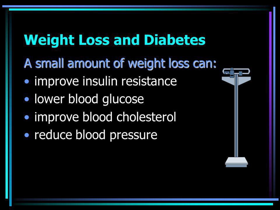 Weight Loss and Diabetes A small amount of weight loss can: improve insulin resistance lower blood glucose improve blood cholesterol reduce blood pressure