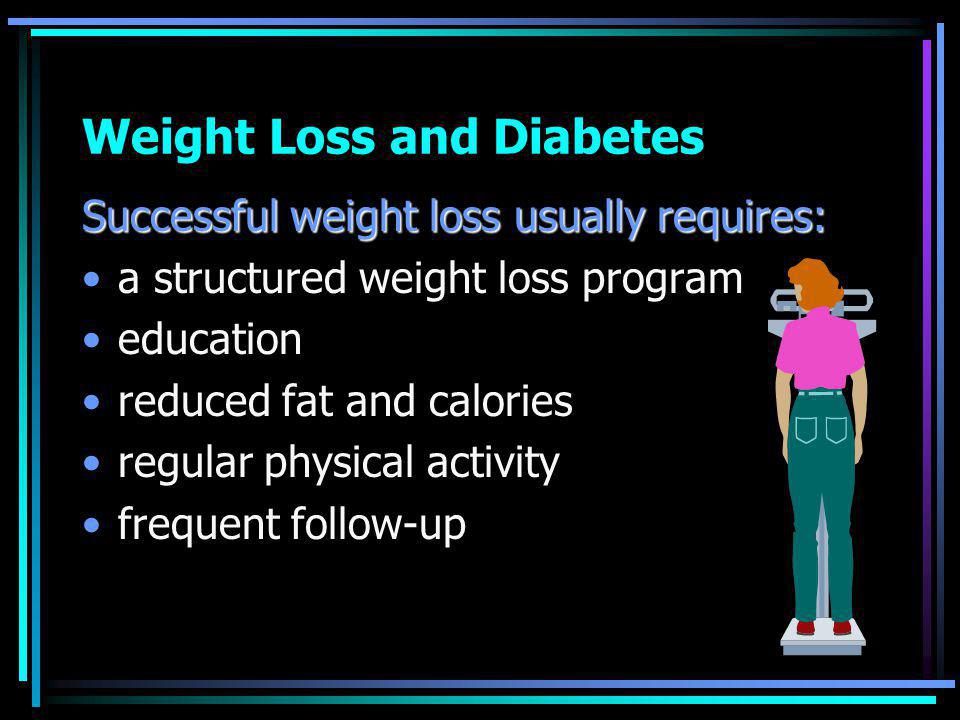 Weight Loss and Diabetes Successful weight loss usually requires: a structured weight loss program education reduced fat and calories regular physical activity frequent follow-up