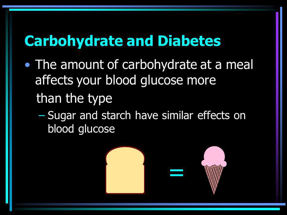 Carbohydrate and Diabetes The amount of carbohydrate at a meal affects your blood glucose more than the type –Sugar and starch have similar effects on blood glucose =