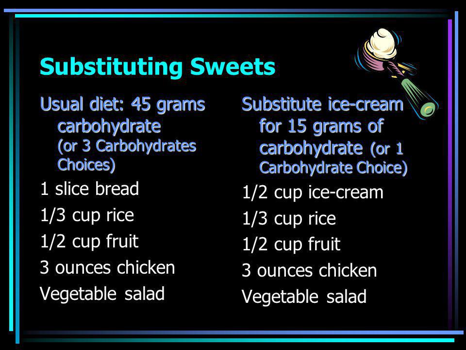 Substituting Sweets Usual diet: 45 grams carbohydrate (or 3 Carbohydrates Choices) 1 slice bread 1/3 cup rice 1/2 cup fruit 3 ounces chicken Vegetable salad Substitute ice-cream for 15 grams of carbohydrate (or 1 Carbohydrate Choice) 1/2 cup ice-cream 1/3 cup rice 1/2 cup fruit 3 ounces chicken Vegetable salad