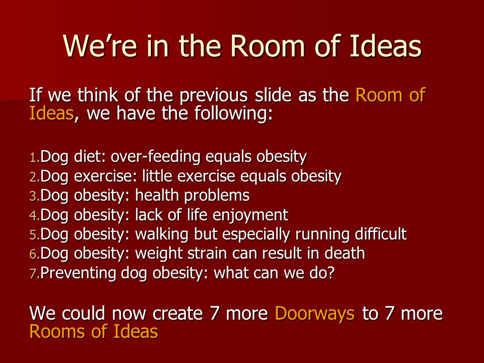 Were in the Room of Ideas If we think of the previous slide as the Room of Ideas, we have the following: 1.