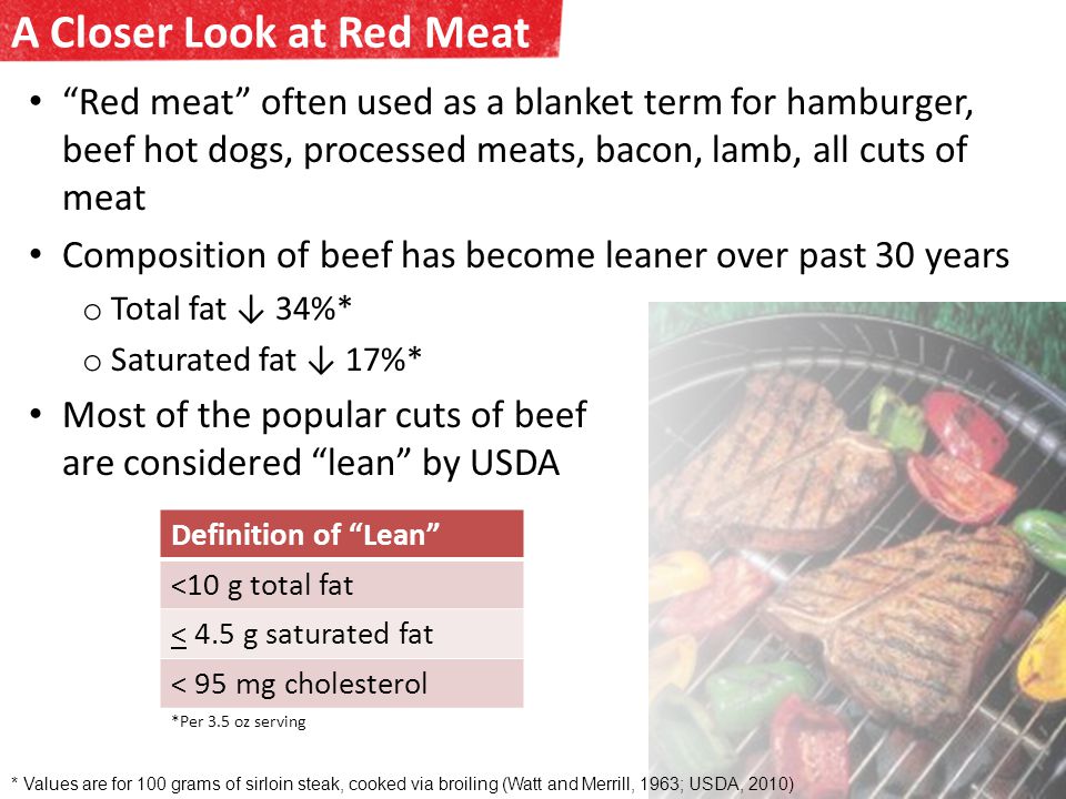Red meat often used as a blanket term for hamburger, beef hot dogs, processed meats, bacon, lamb, all cuts of meat Composition of beef has become leaner over past 30 years o Total fat 34%* o Saturated fat 17%* Most of the popular cuts of beef are considered lean by USDA Definition of Lean <10 g total fat < 4.5 g saturated fat < 95 mg cholesterol *Per 3.5 oz serving * Values are for 100 grams of sirloin steak, cooked via broiling (Watt and Merrill, 1963; USDA, 2010) A Closer Look at Red Meat