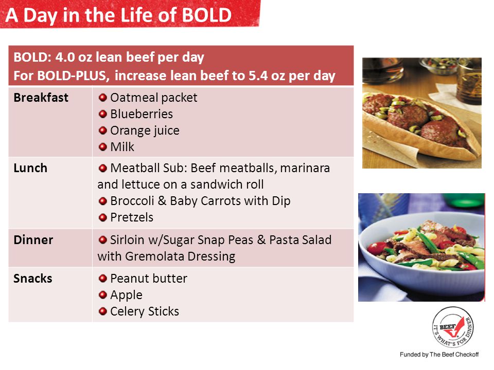 A Day in the Life of BOLD BOLD: 4.0 oz lean beef per day For BOLD-PLUS, increase lean beef to 5.4 oz per day Breakfast Oatmeal packet Blueberries Orange juice Milk Lunch Meatball Sub: Beef meatballs, marinara and lettuce on a sandwich roll Broccoli & Baby Carrots with Dip Pretzels Dinner Sirloin w/Sugar Snap Peas & Pasta Salad with Gremolata Dressing Snacks Peanut butter Apple Celery Sticks