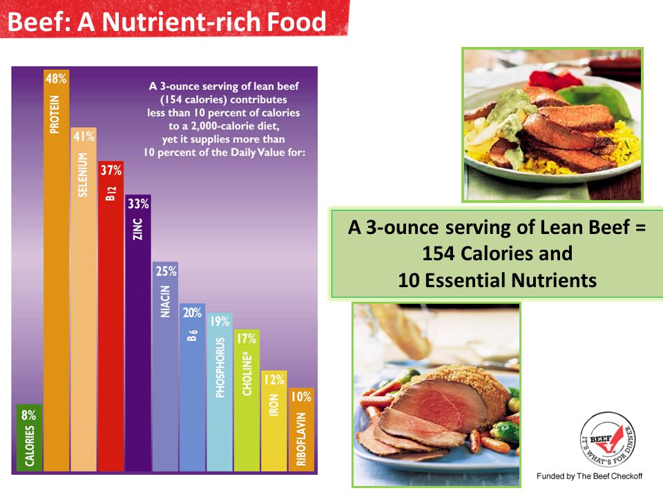 A 3-ounce serving of Lean Beef = 154 Calories and 10 Essential Nutrients Beef: A Nutrient-rich Food