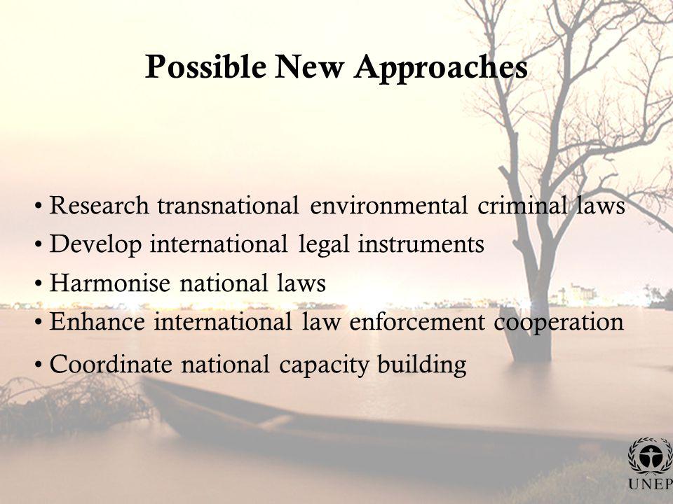 Possible New Approaches Research transnational environmental criminal laws Develop international legal instruments Harmonise national laws Enhance international law enforcement cooperation Coordinate national capacity building