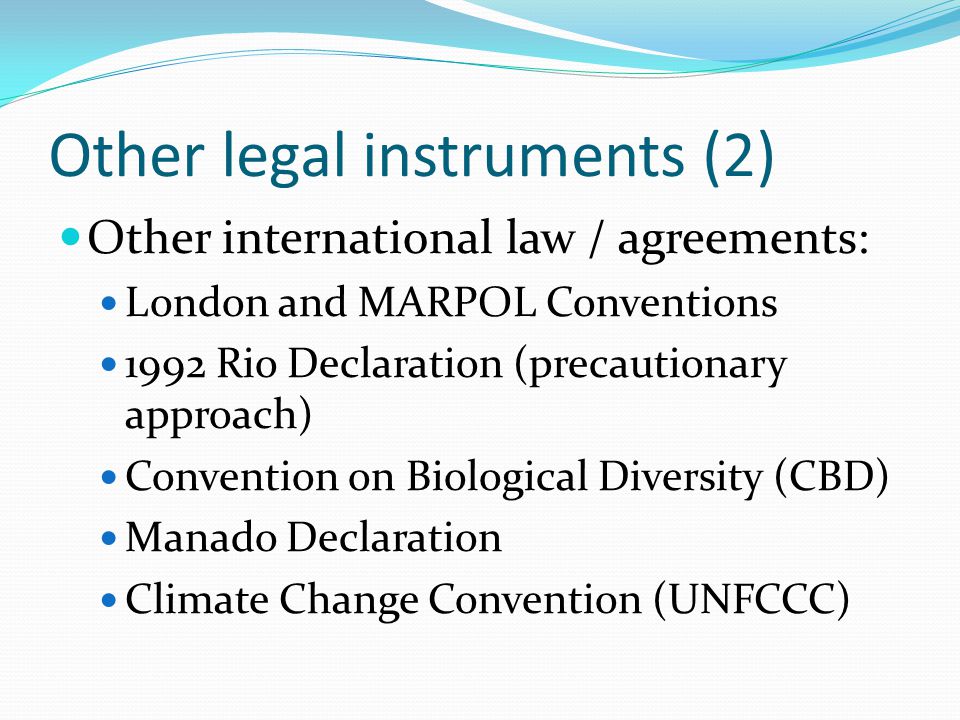 Other legal instruments (2) Other international law / agreements: London and MARPOL Conventions 1992 Rio Declaration (precautionary approach) Convention on Biological Diversity (CBD) Manado Declaration Climate Change Convention (UNFCCC)