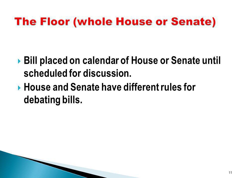 Bill placed on calendar of House or Senate until scheduled for discussion.