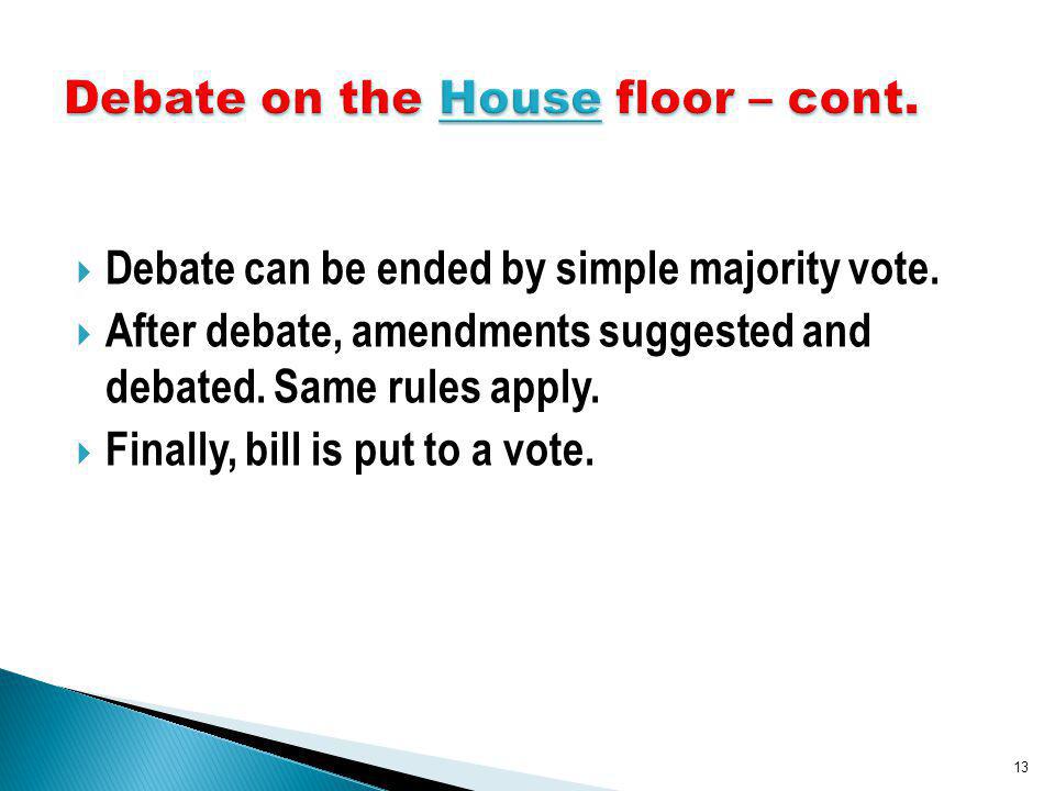 Debate can be ended by simple majority vote. After debate, amendments suggested and debated.