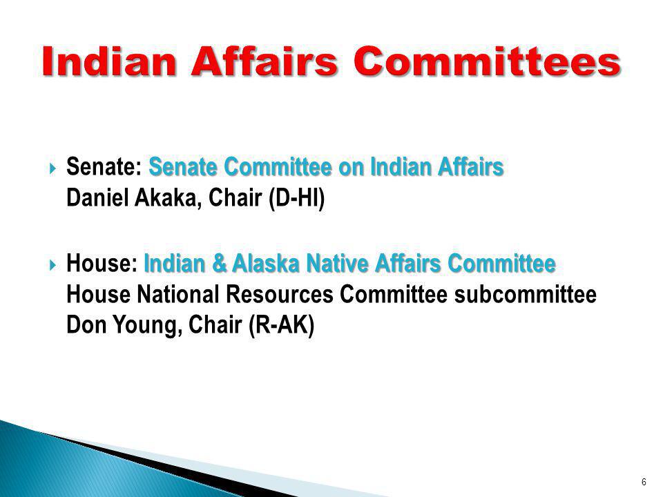 Senate Committee on Indian Affairs Senate: Senate Committee on Indian Affairs Daniel Akaka, Chair (D-HI) Indian & Alaska Native Affairs Committee House: Indian & Alaska Native Affairs Committee House National Resources Committee subcommittee Don Young, Chair (R-AK) 6